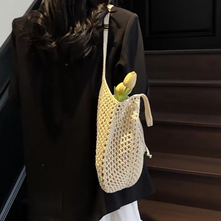Yogodlns Summer Beach Woven Tote Bag For Women Hollow-out Lightweight Large Capacity Shopper Shoulder Bag with Inner
