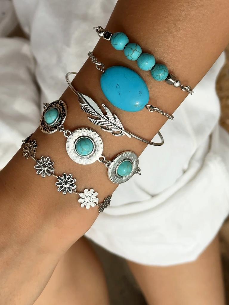 Böhmischer Stil Türkis Blatt Armband Set für Damenschmuck, Ethnischer Stil Blumen Armband Set