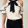Women's Summer Elegant Double Layer Short Sleeve Shirt with Bow Collar Loose Fit Shirt