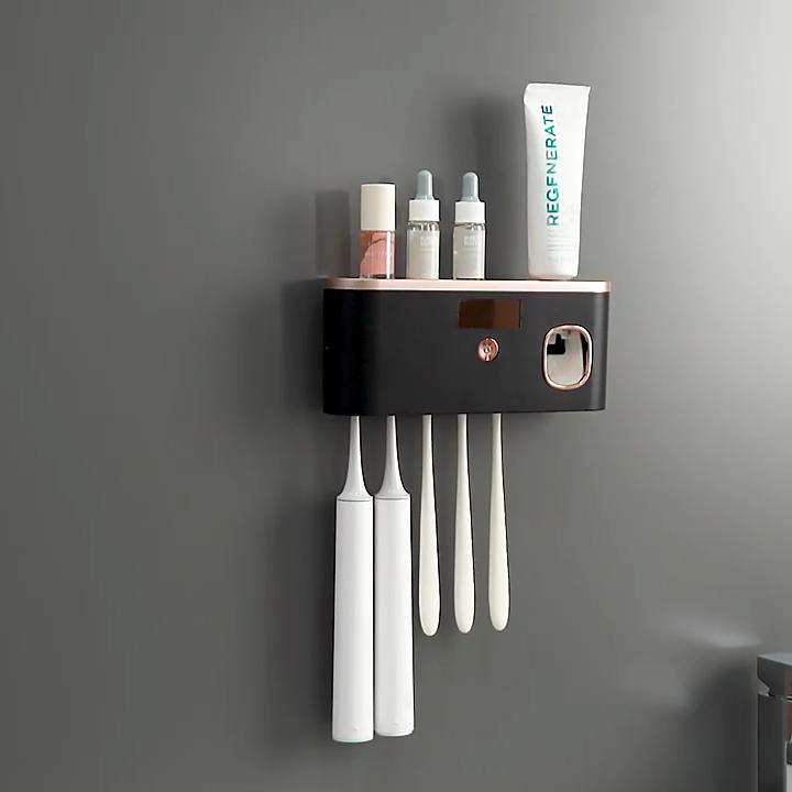 Sanitizator inteligent pentru periuțe de dinți cu 5 sloturi cu dozator automat de pastă de dinți, plastic durabil, baterie reîncărcabilă USB, organizator modern pentru baie