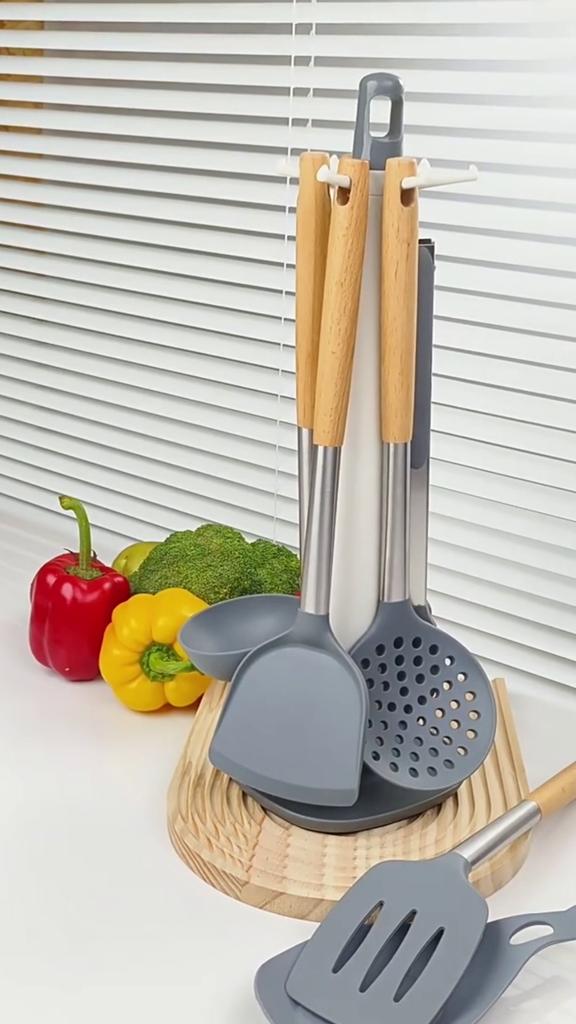 8 PCS Silicone Cooking Kitchen Utensil Set Wooden Handle Kitchen Baking Tools Kitchenware Accessories Storage Bucket