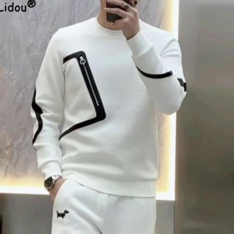 Men's Fashion Trend Zipper Patchwork Contrast Color T-shirt Spring Autumn Casual Loose Long Sleeve Pullovers Tops Male Clothes