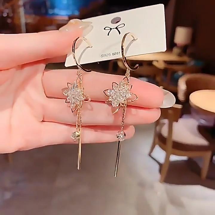 Zirkonblumen-Ohrringe Damen S925 Silbernadel Temperament Lange Fransen-Ohrringe Super Feen-Ohrringe