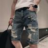 Sommer Ripped Holes Denim Shorts Mittelhohe Taschen Reißverschluss Knopfleiste Gerades Bein Knielange Herren Kurze Jeans Streetwear