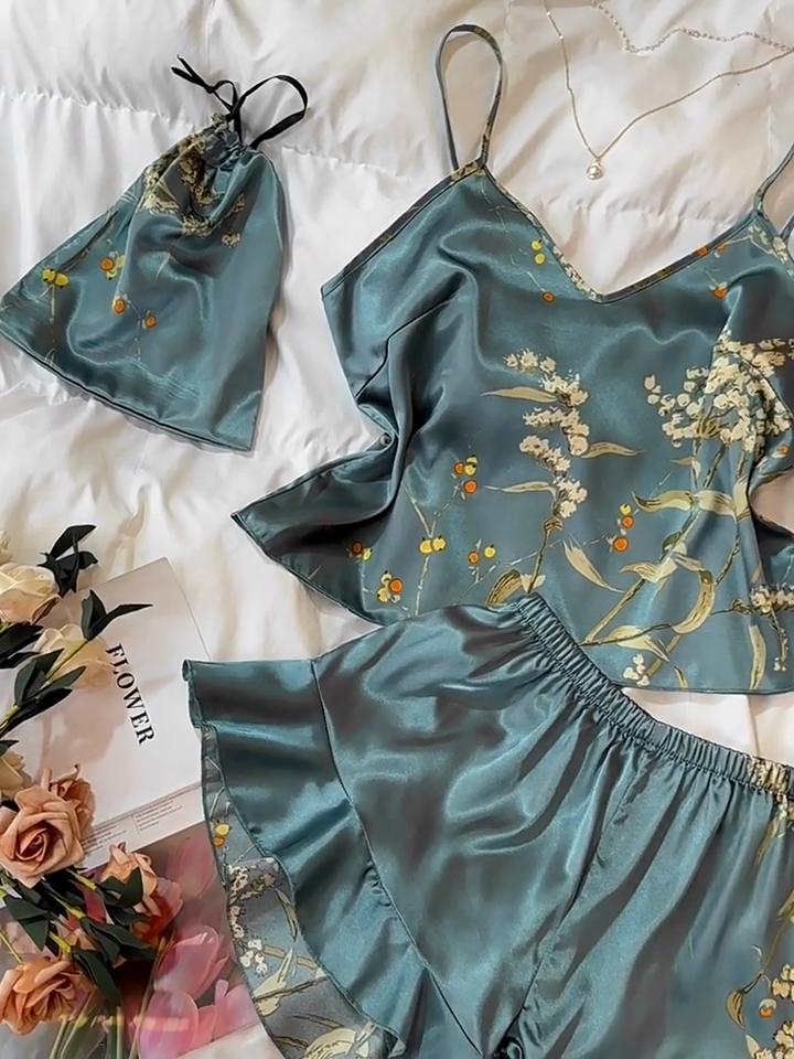 Women's Spring and Summer Sexy Faux Silk Homewear Two-piece Camisole and Shorts Pajamas Set Fashion Printed Loungewear