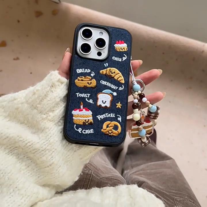 Retro Denim Embrpoidery Bread Toast Warm Fabric Phone Case For iPhone 17 Air 16 15 14 13 Pro Max Lovely Back Cover