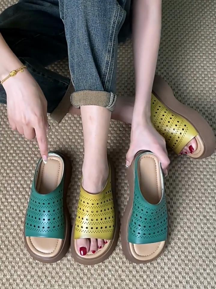 Johnature Genuine Leather Peep Toe Thick Soled Women's Outdoor Slippers Vintage Hollow Breathable Wedges Sandals