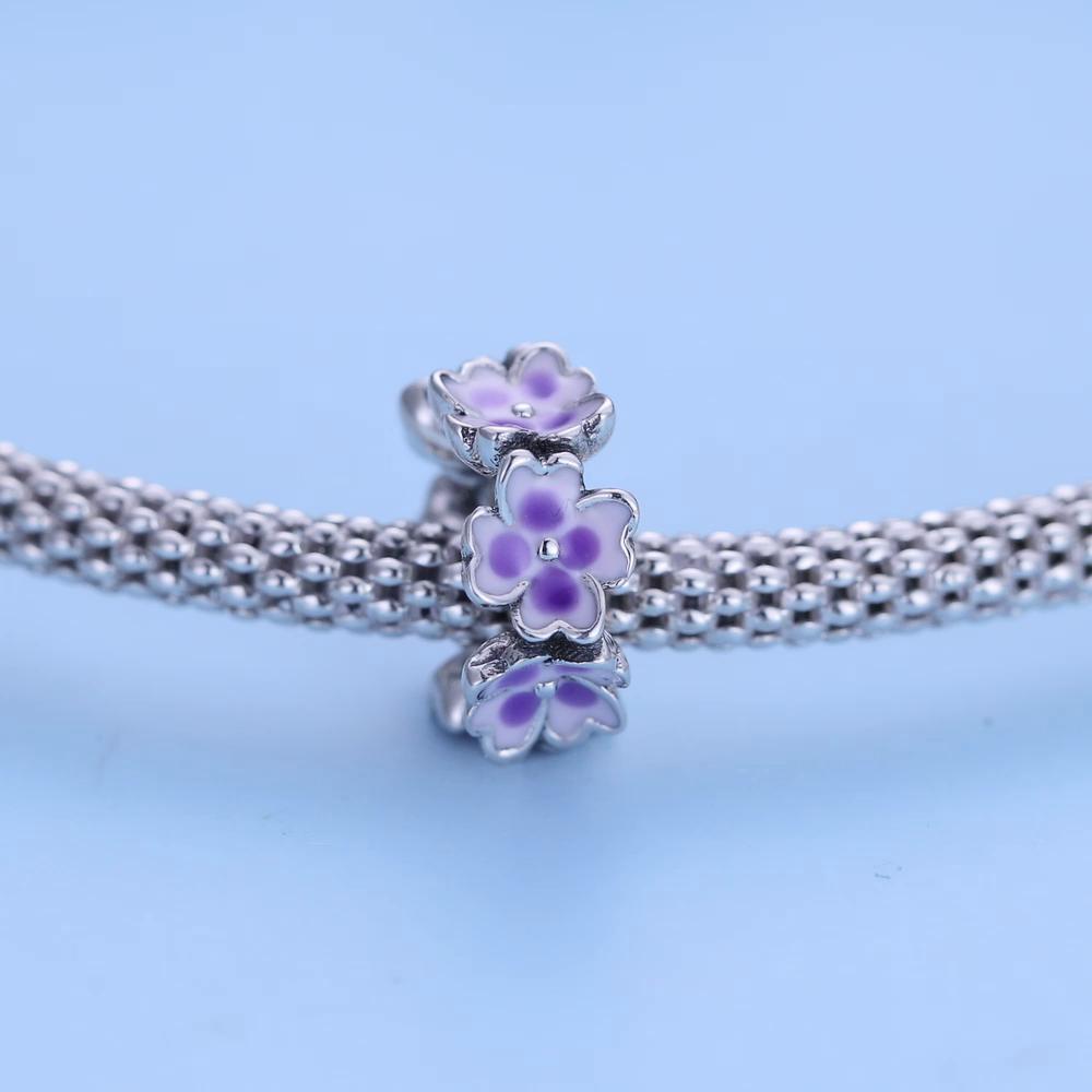 WOSTU 925 Sterling Silver Purple Flower Spacer Charm Bead Pendant Fit Original Bracelet Necklace For Women Jewelry