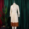 Women Fashion Pleated Dresses 2026 New Notched Collar Long Sleeve Mid Calf Belt Plus Size Dress