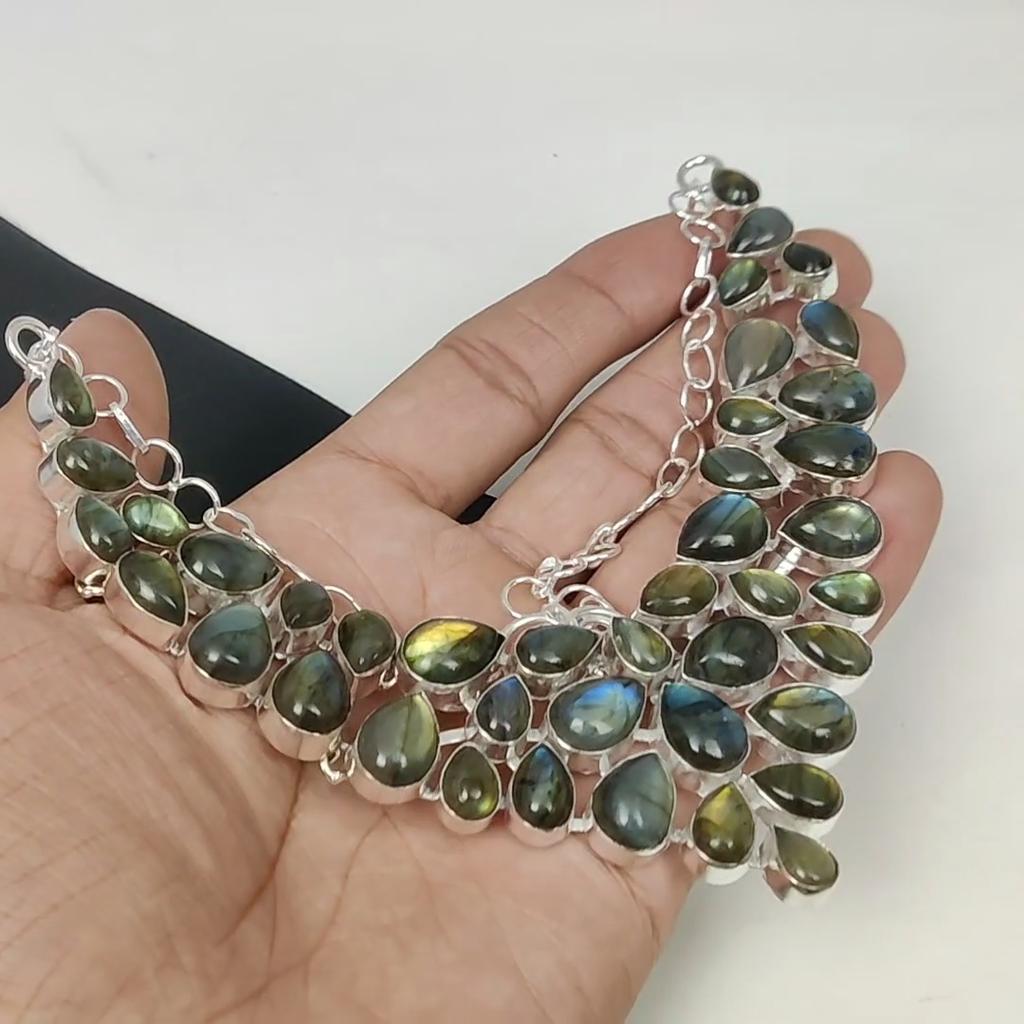 Natural Labradoritet Gemstone Handmade 925 Sterling Silver Electroform Necklace, Labradorite Silver For Wife Unisex Necklace Mother's Day Gifts