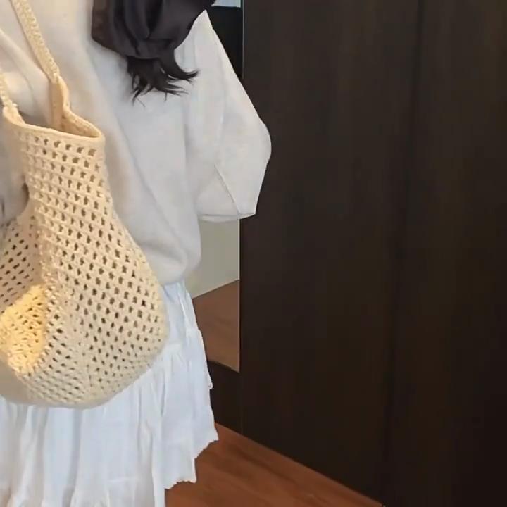 Yogodlns Solid Color Crochet Tote Handbag Summer Beach Scarf Decor Fashion Women's Mesh Woven Shoulder Bags Large Capacity Knitting Underarm Bag