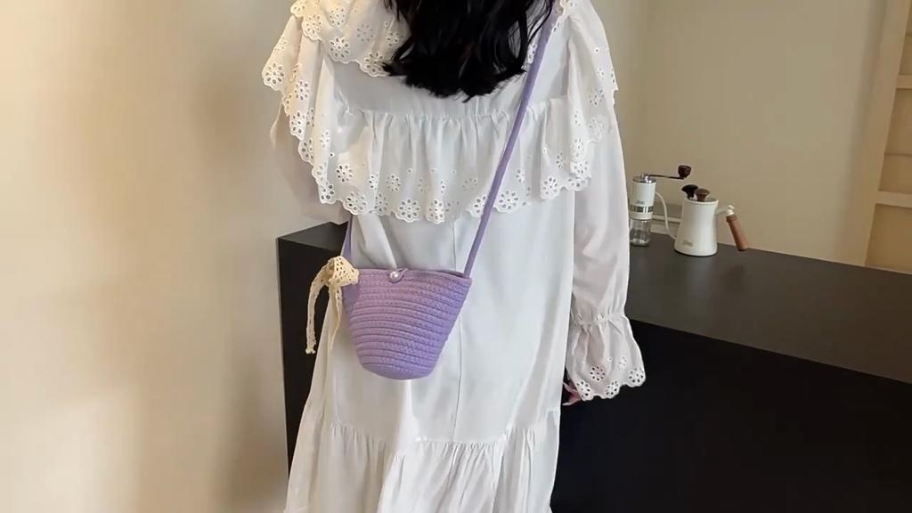 Yogodlns Einfache Streifenwebart Umhängetasche Seilwebart Süße Beuteltasche Schultertasche mit Schleife Strandtasche