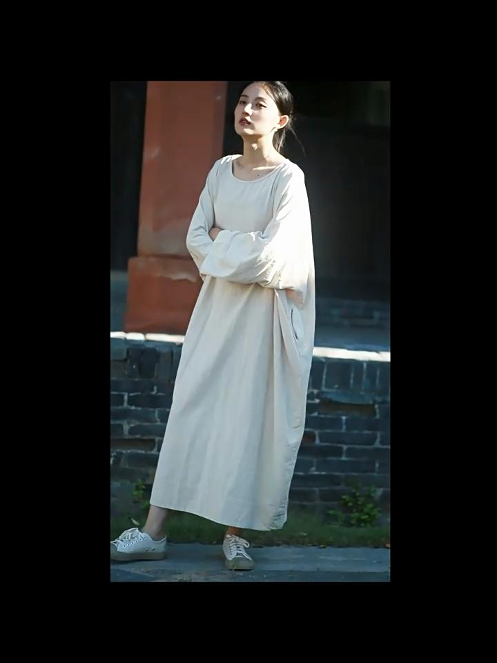 Johnature Woman Autumn Vintage Chinese Style Loose Dress Solid Color O-Neck Retro Casual Dress