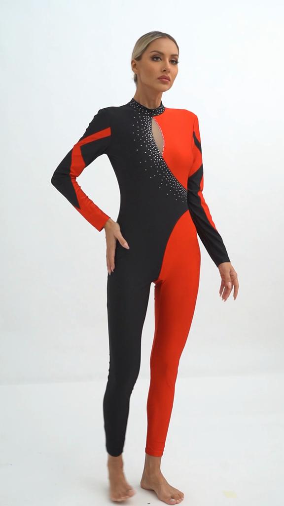 Women Full Body Gymnastics Leotard Jumpsuit Long Sleeve Contrast Color Rhinestone Ballet Skating Romper Performance Dancewear