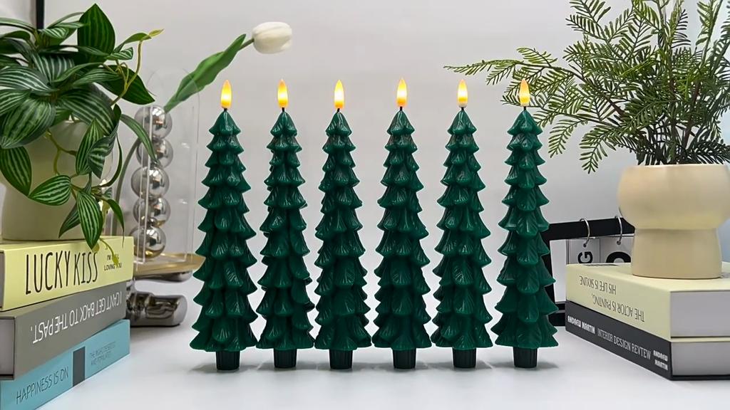 4/2pcs Christmas Tree LED Flameless Candles Light with 3D Flame Wick Green LED Candlesticks Operated for Christmas Home Decor