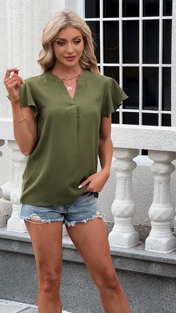 T-shirt estiva T-shirt in chiffon a maniche corte ampia con scollo a V tinta unita per donna