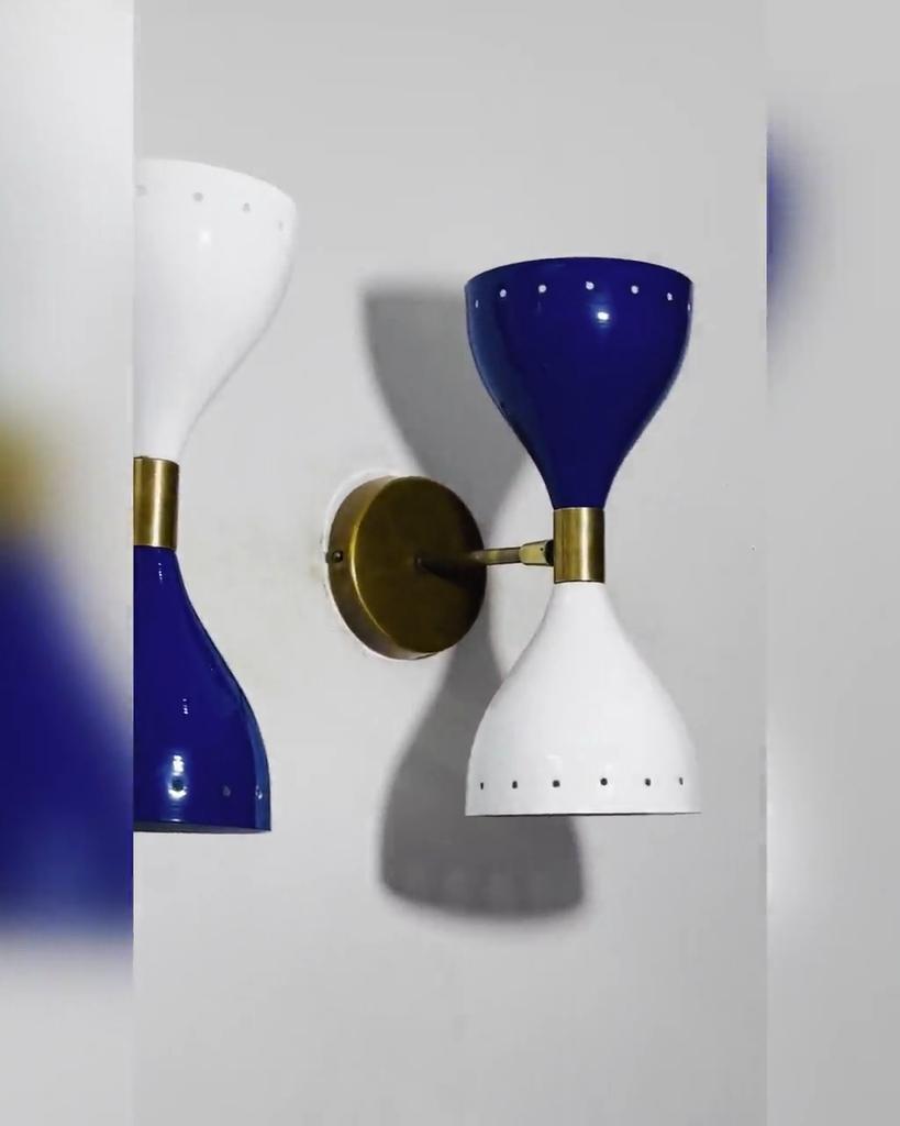Mid Century Italian Brass Diabolo Wall Sconce Pair - Dark Blue & White