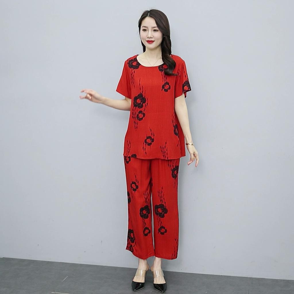 Plus Size Summer Vintage Print buksesett med brede ben Uformelle Elegante løse sett for kvinner 2 stk.