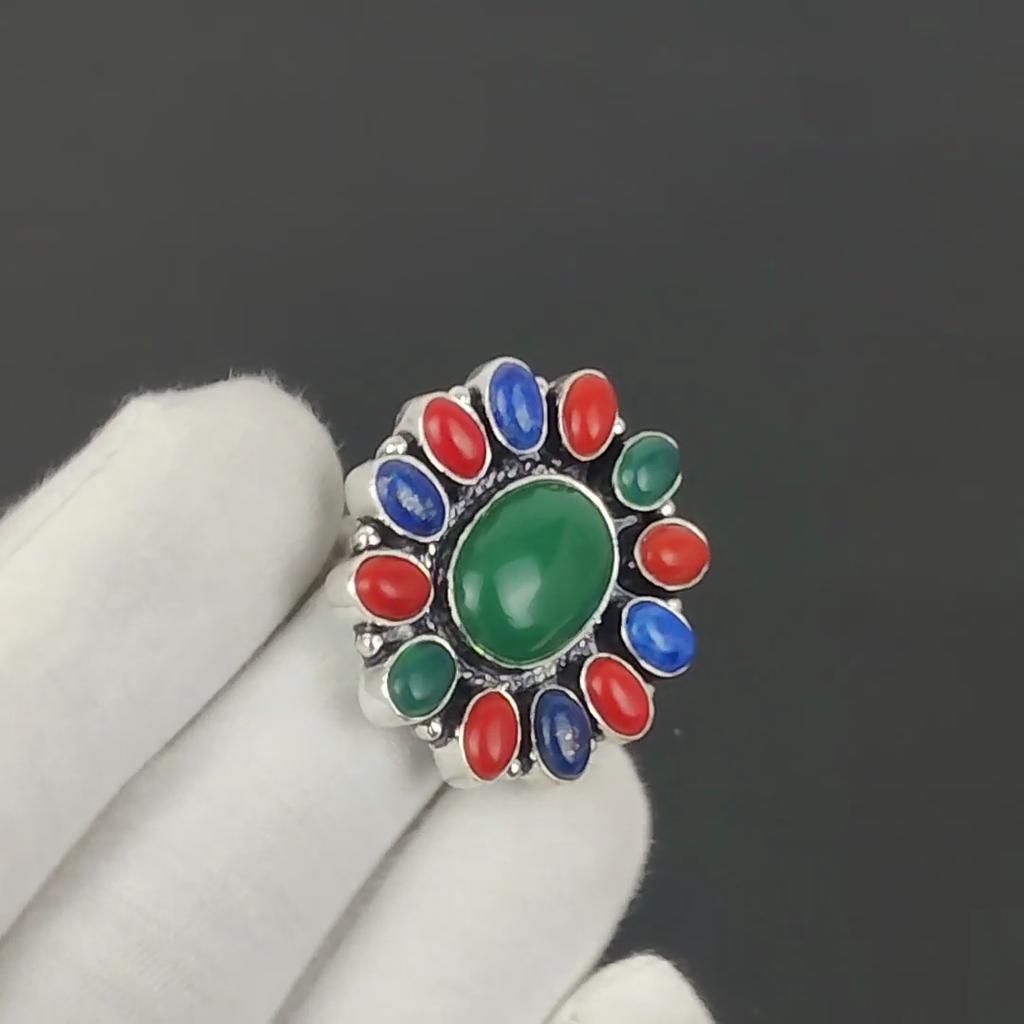 Grüner Onyx, Lapislazuli, Rote Koralle Edelsteinring, 925 Sterlingsilber Ring, Geschenk für sie, Ovaler Stein, Eleganter handgefertigter Ring, Blume Silberring