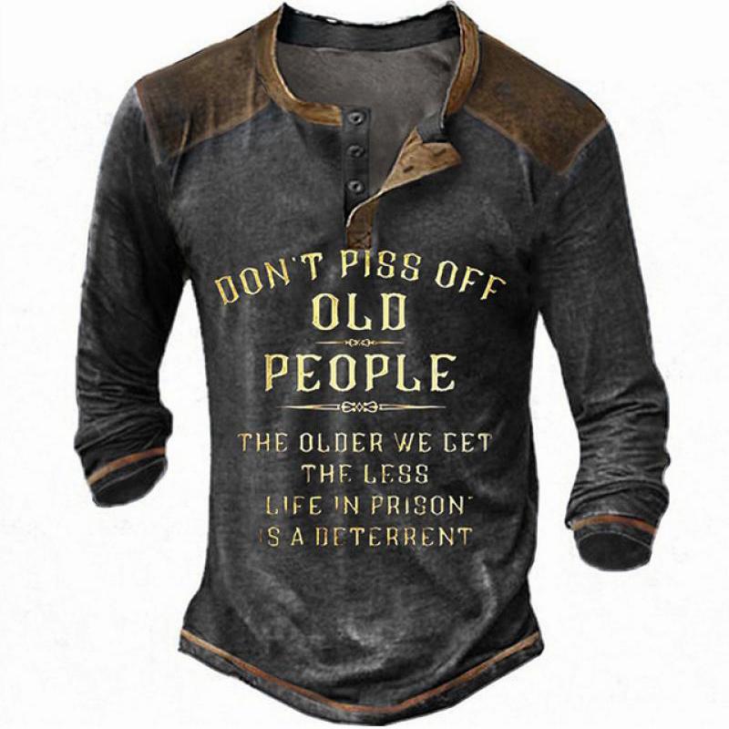 Retro Fashion Letter Printing Design Men's Long Sleeve Shirt, Casual Outdoor Shopping Men's T-shirt.