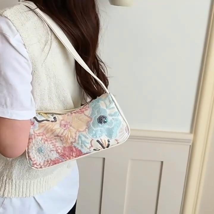 Yogodlns Boho Floral Sequin Shoulder Bag, Women's Vintage Embroidered Hobo Purse Casual Armpit Handbag for Daily Use