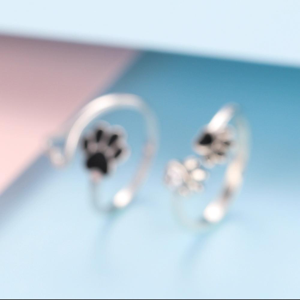 BAMOER Authentic Sterling Silver 925 Black Enamel Dog Paw Heart Adjustable Finger Rings for Women