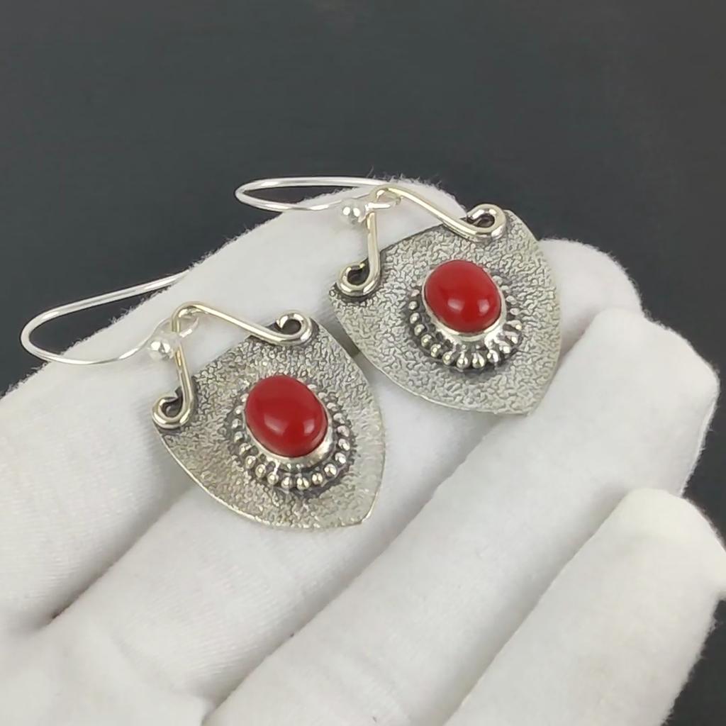 Natural Red Coral Gemstone Earrings, 925 Sterling Silver Earring, Handmade Boho Silver Jewelry Dangle Earrings, Engagement Gift