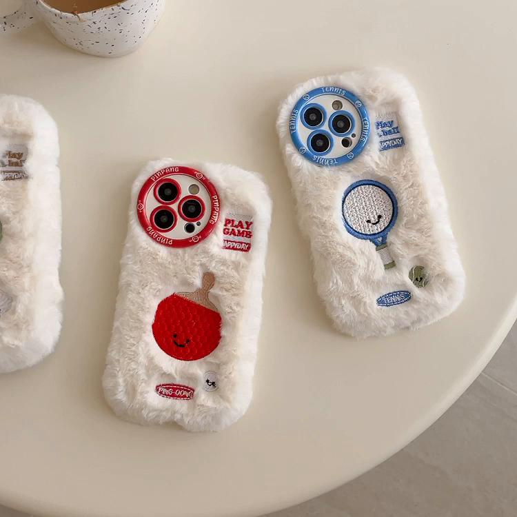 Fall/Winter Round Hole Cute Fun Sports Racket Plush Case for iPhone 16 Pro Max 15 14 Plus 13 Pro 12 11 All-inclusive Fall Protection Cover