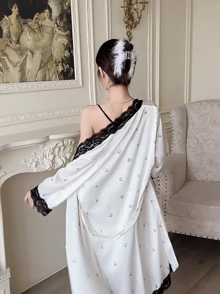 Women’s Summer Ice Silk Nightgown Sexy Sweet Lace Trim Princess Camisole Sleep Dress