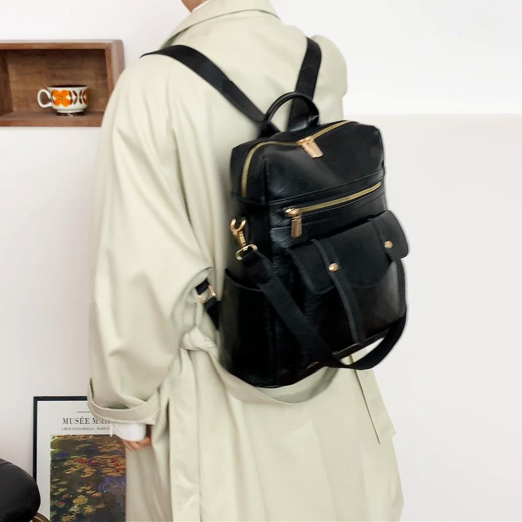 PU Backpack Women's Retro Schoolbag Multi-functional Shoulder Bag