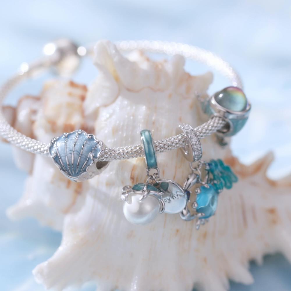 WOSTU Ciondoli di conchiglie in argento sterling 925, perline sottomarine, pendenti con granchio e alghe, adatti per bracciale originale, gioielli fai da te