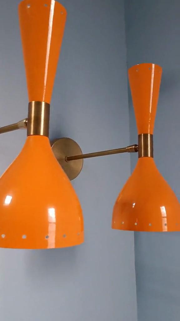 Orange Brass Diablo Wall Sconce Pair: 1950s Mid-Century Italian Lighting