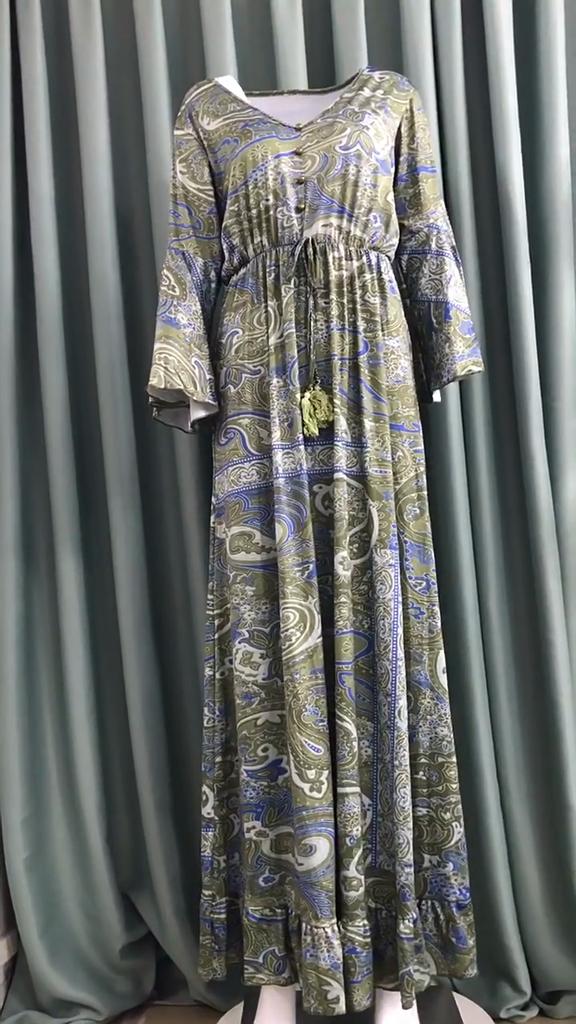 Boheme Stil Vidde Ærmer Print V-hals Høj Talje Blomstret Kjole til Kvinder
