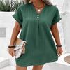 Women's V-Neck Solid Color Pullover Dress, Comfortable Casual Button-Down Midi Dress ,Casual V-Neck Solid Dress, Soft Pullover Style Button Dress