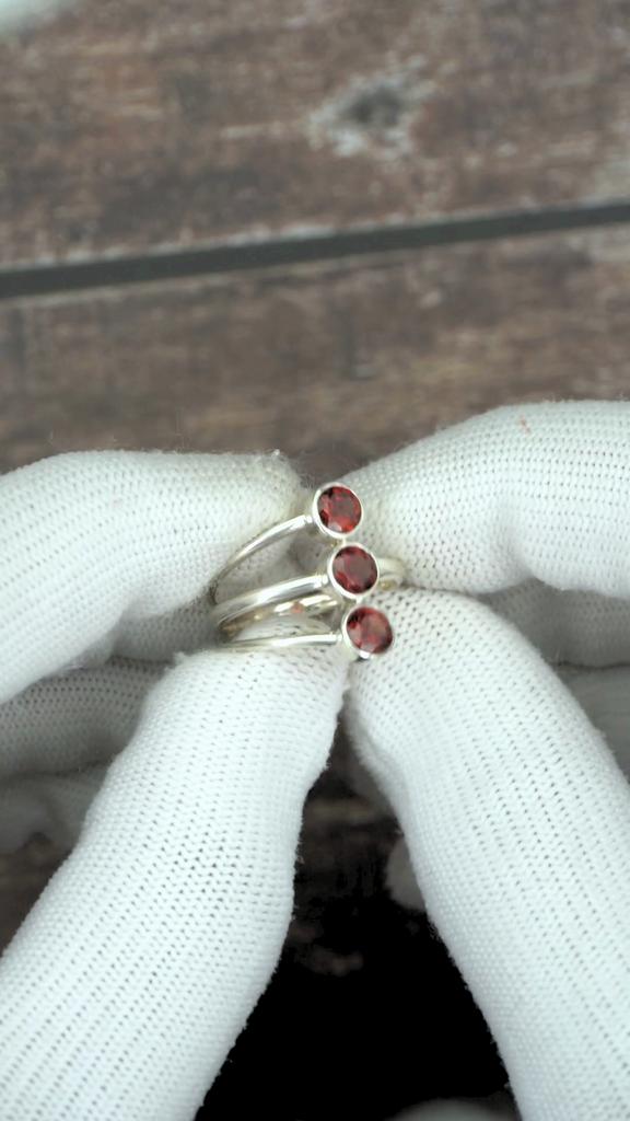 Elegant 925 Sterling Silver Triple Garnet Ring – Handmade Adjustable Stackable Red Stone Ring for Women