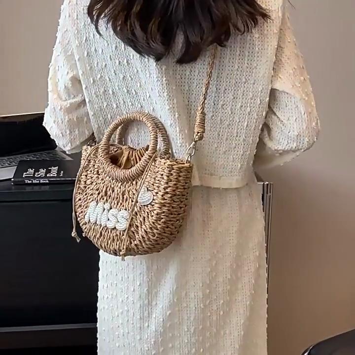 Yogodlns Frauen Neue Stroh Handtaschen Frau Handarbeit Gewebt Korb Rattan Handtasche Für Femme Einfache Alle-Spiel Handtasche