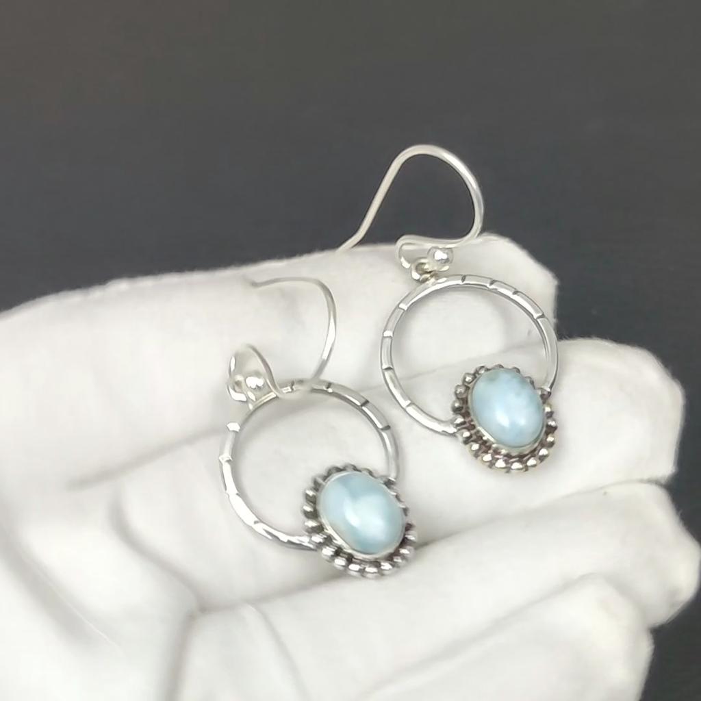 Natural Larimar Gemstone Earrings, 925 Sterling Silver Earring, Handmade Boho Silver Jewelry Dangle Earrings, Anniversary Gifts