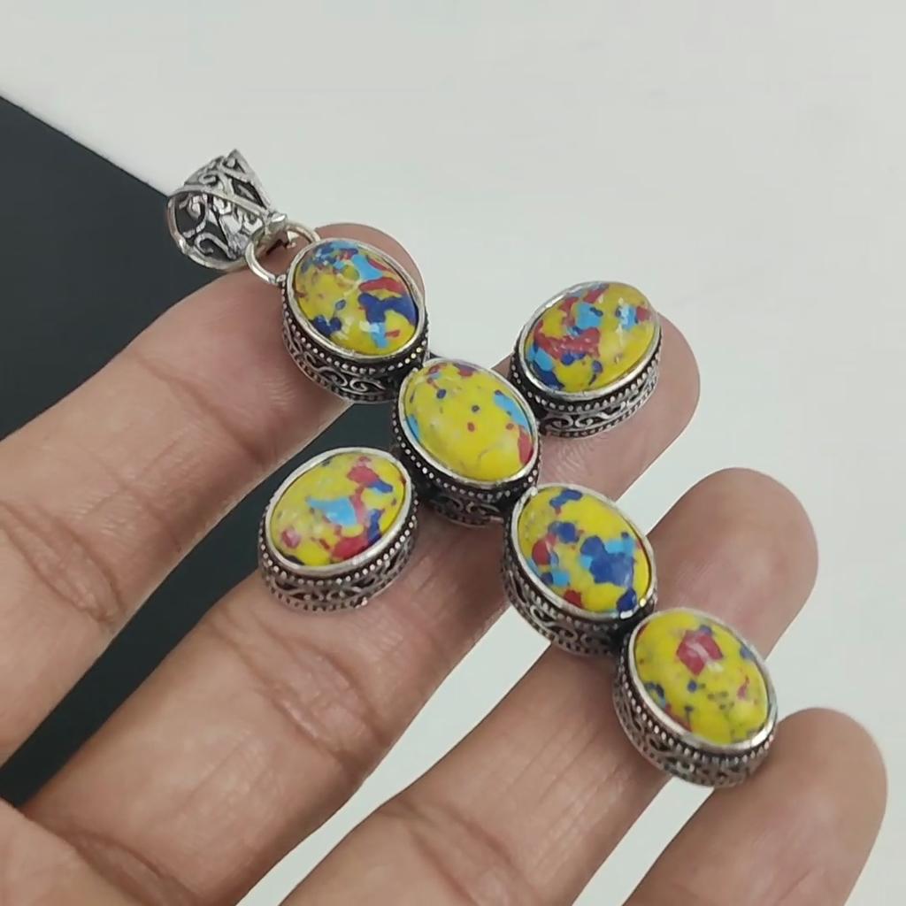 Mosaic Jasper Gemstone Pendant 925 Sterling Silver- Handmade Cross Design, Everyday Wear Jewelry, Unique Mosaic Jasper Pendant Father's Day Gifts