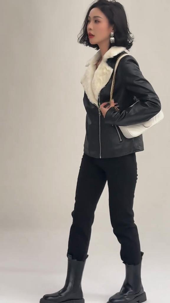 Winter Women's Fleece Jacket Thick Warm PU Leather Jacket Slim Turn Down Collar Flocked Leather Coat