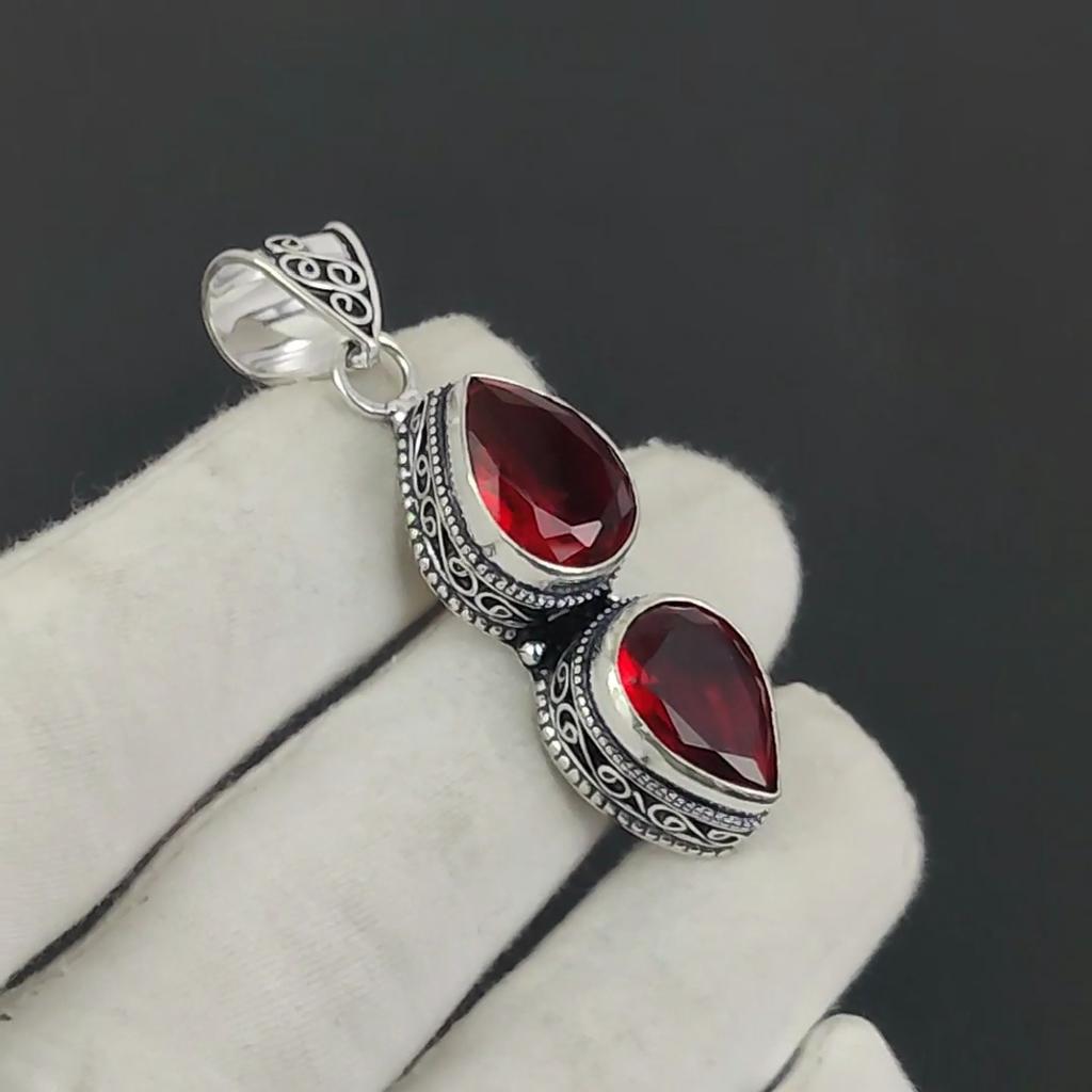Dainty Red Garnet Gemstone Silver Pendant in 925 Sterling Silver - Handmade Pear Design, Everyday Wear Jewelry Party Wear Gift